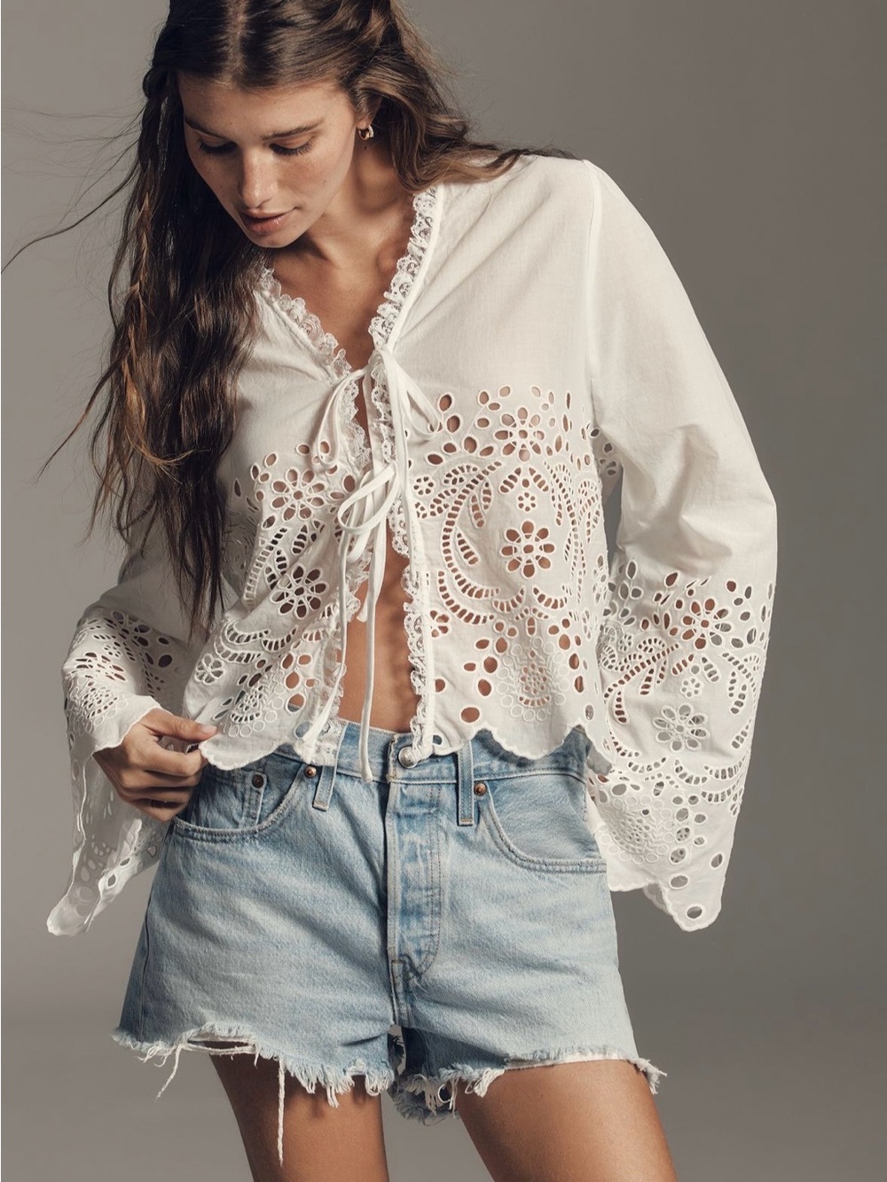 By Anthropologie Eyelet Tie-Front
Long-Sleeve Blouse